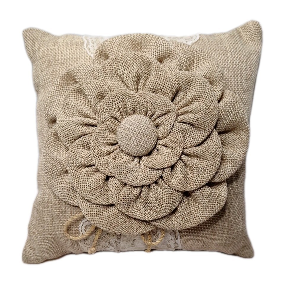 Burlap & Lace Floral Wedding Ring Pillow 8×8″ XC rustic, country Cottage Core