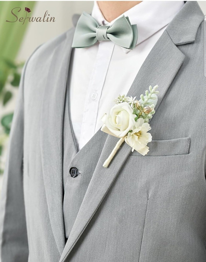 Serwalin Artificial White Rose Wedding Boutonnière Set of 10 Fabric Plastic