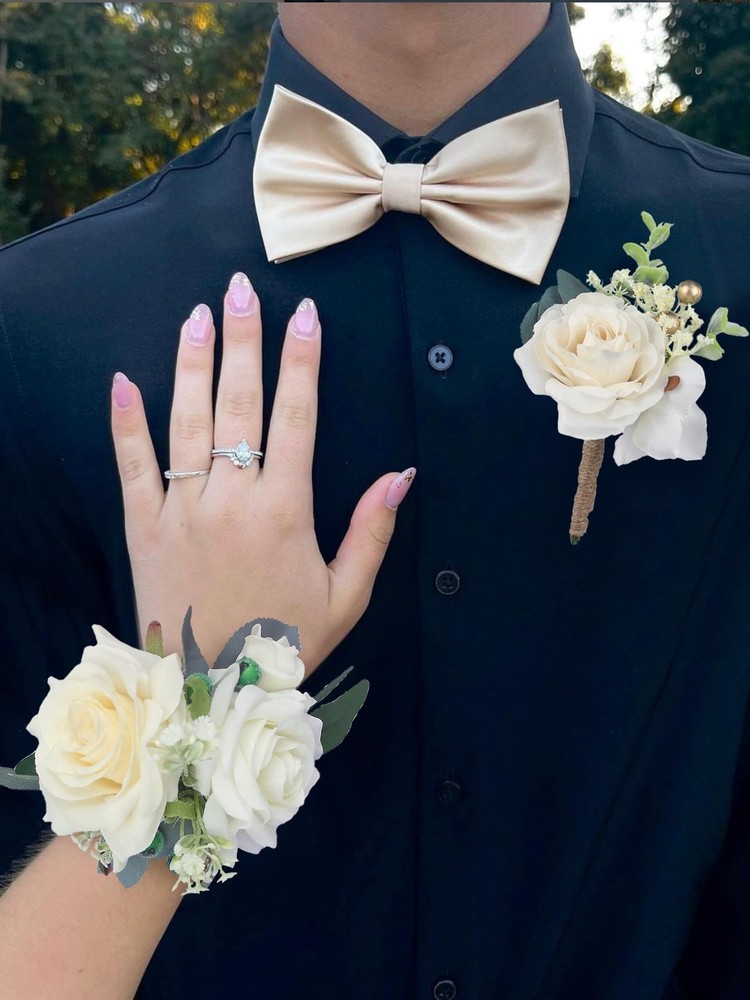 Rinlong Corsage and Boutonniere Set White Rose Corsages Wristlet Groom Flower…