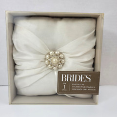 Brides Wedding Ring Bearer Pillow 7×7 White Faux Pearl Rhinestone Center Cluster