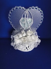 New Elegant Wedding Caketop frosted glass look heart & white satin flowers #269