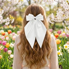 2pcs White Satin Long Tail Hair Bows Large Silky Ribbon Bowknot Hair Clips fo…