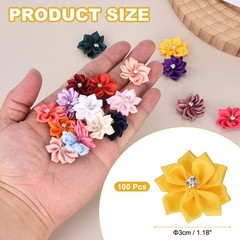 100 Pcs Ribbon Flowers, 1.2 in Fabric Flowers with Rhinestones Yellow