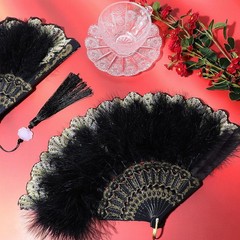 Namalu 2 Pieces Feather Hand Fan Embroidered Flower Marabou 1920s Black