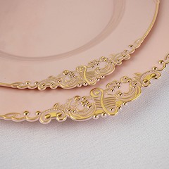 10 BLUSH GOLD 8″ Round Plastic Salad Dinner PLATES Embossed Baroque Rim Party