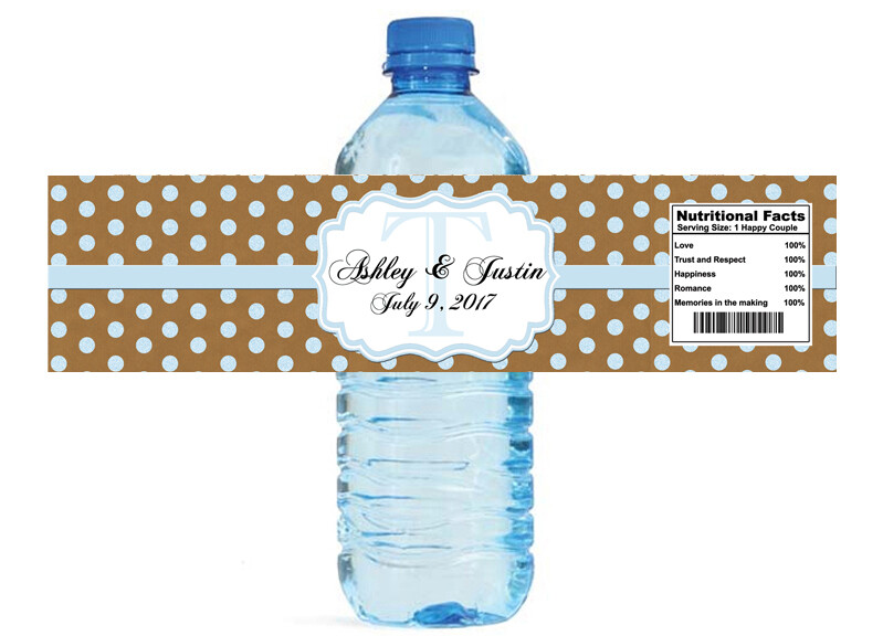 Kraft Paper & Baby Blue Glitter Dots Wedding Anniversary Water Bottle Labels