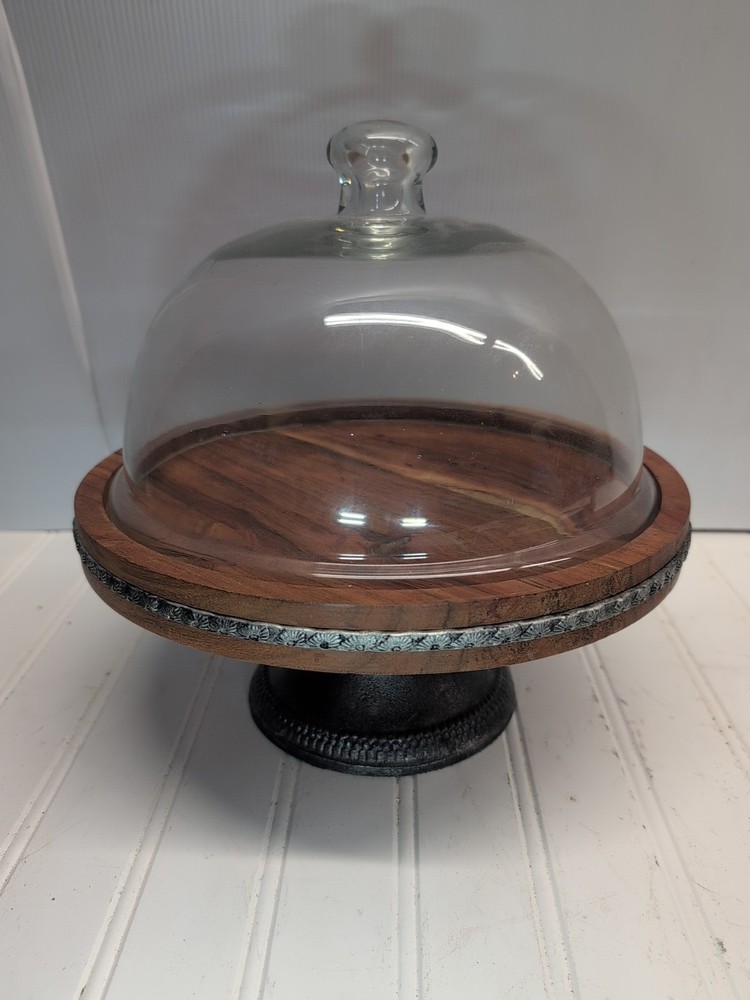 Cake Stand Riser 4.5” High 11” Round Wood Galvanized Metal Band Trim India Made