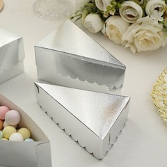 SILVER 10 Triangle 5″ x 3″ Cake Slice Paper BOXES Scalloped Top Party Decoration