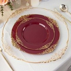 Efavormart 10 Pack | 10″ Burgundy and Gold Baroque Dinner Plates, Leaf Embossed