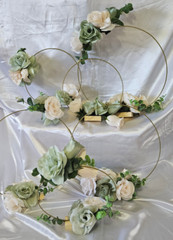 6 Pc Wedding Table Centerpieces, Green, Ivory, Round, Circle, Gold, Wood