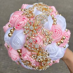 New Bridal Bouquet Exquisite Rhinestone Silk Rose and Pearl Handmade