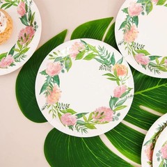 25 White 7″ Round Paper Plates with Flower Wreath Design Disposable Tableware
