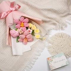 Crochet Flower Bouquet – Hand-Knitted Tulip Faux Flowers with Gift Bag & Pink