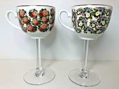 Floral Bone China Teacup Wine Glass Gold Trim Roses Petunia PAIR Wedding Shabby