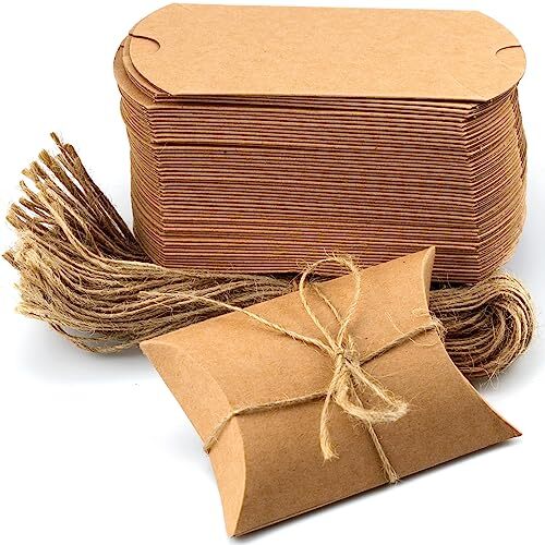 50Pcs Small Kraft Paper Pillow Gift Boxes w/ Twine for Jewelry Candy Party Favor