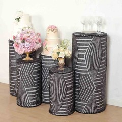 5 BLACK Geometric Sequins Cylinder Display STAND COVERS Set Party Decorations