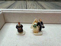 Vintage Mini Bride & Groom Wedding Cake Toppers With Minister Figurine Set .75″