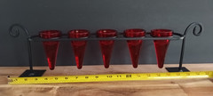 Red Glass Votive Candle Holder Set of 5 w Black Metal Stand Centerpiece