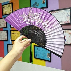 4 Pack Folding Hand Fan Bamboo Compartments with Tassel Women Hollow Bamboo Ha…