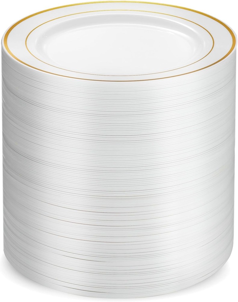 100 Gold Plastic Plates Set, 7 Inch Disposable Dessert White / Gold Rim