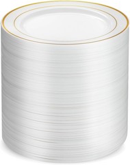100 Gold Plastic Plates Set, 7 Inch Disposable Dessert White / Gold Rim