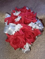 NEW 4″ Long Artificial 5 Red Rose Wrist Corsage With Sparkly Silver Bow/Leaves