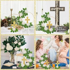 48 Pcs Baptism Centerpiece Decor – 12 Gold Wood Crosses, 12 Metal Floral Hoops,