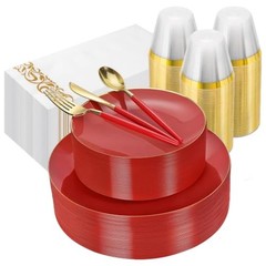 3PCS Plastic Dinnerware Set and Gold Rim Disposable Plates for Party – 50 Red