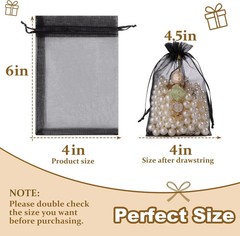 Crweety 50 Pcs Black Organza Bags 4×6 Inch, Small Mesh Gift Bags Drawstring for