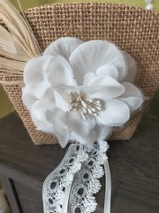 JUTE FLORAL BASKET Flower Girl Wedding Faux Pearl Handle Lace Feather EUC
