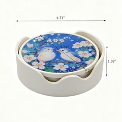 Round Glass Coaster Set, Birds and Floral Design, PVC and Glass, 4.33 Blue a