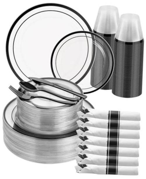3Pcs Clear Disposable Plastic Party Plate Cup Napkin Sets | 50 Black