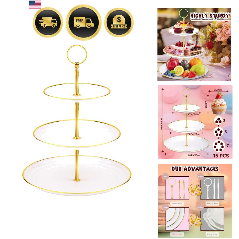 Elegant 3-Tier Cupcake Stand with Gold Edges for Stunning Dessert Displays