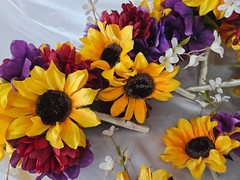 Fall Wedding Bouquet Set, Roses, Sunflowers, Purple, Yellow, Maroon