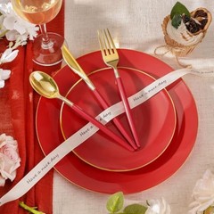 3PCS Plastic Dinnerware Set and Gold Rim Disposable Plates for Party – 50 Red