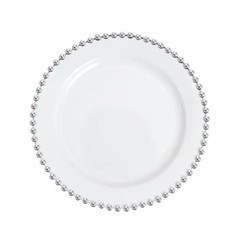WHITE SILVER 10 Round 10″ Plastic Salad PLATES Beaded Rim Party Events