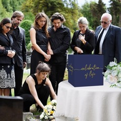 Navy Blue Celebration of Life Card Box with Gold Lettering, Share a Memory Funer