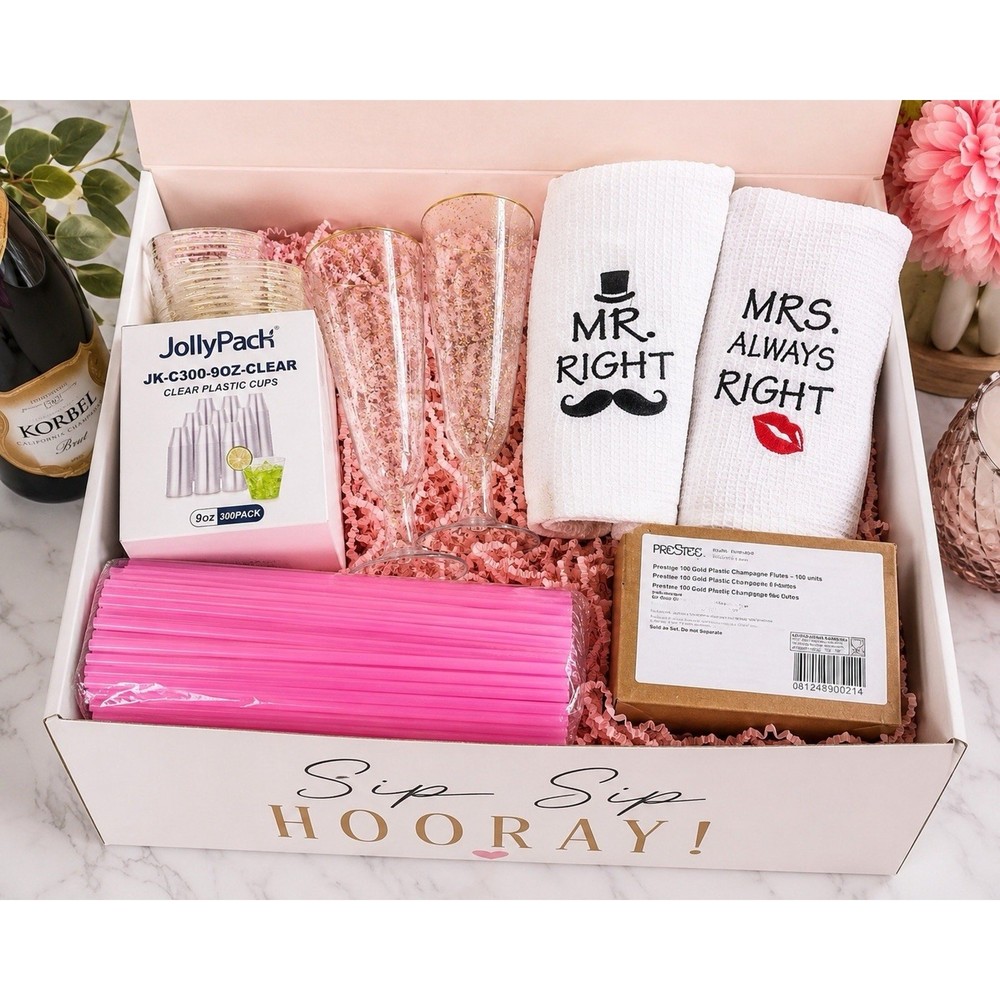 Bride & Groom Celebration Gift Box Champagne Flutes Party Bundle Set