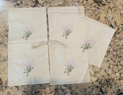 5 Ivory 8″ x 9″ Cotton Muslin drawstring bag with embroidered Lavender flowers