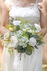 Koroni Flowers Artificial Bridal Bouquet 11 Inch White Green Wedding Ceremony
