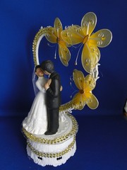 New Medium Dark skin Bride & Groom Wedding CakeTop, gold decor & heart, #341