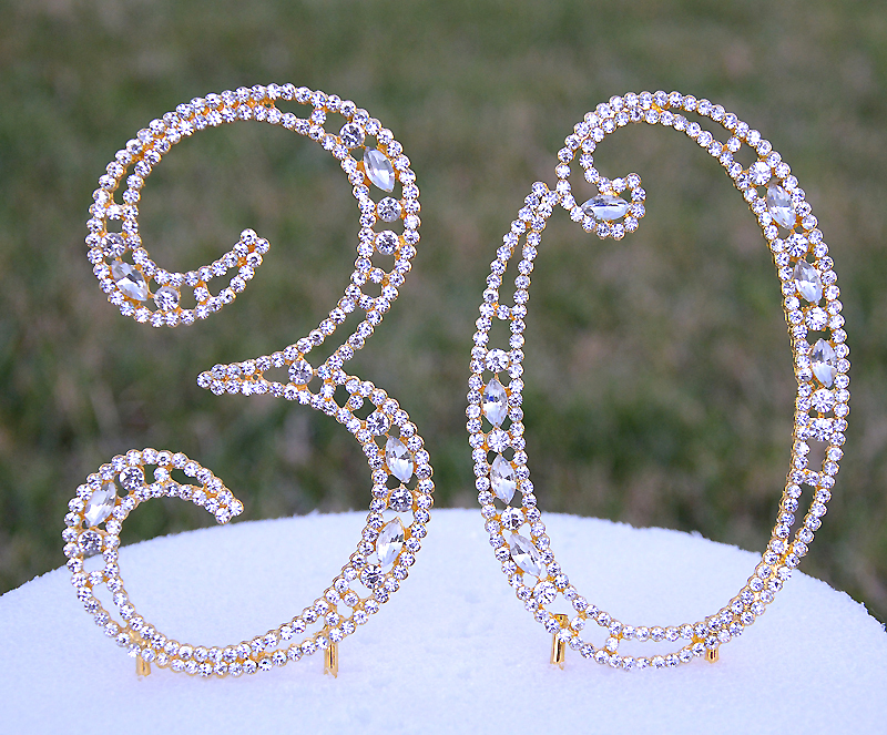 Large Rhinestone Golden Gold Crystal Thirty 30 Birthday Number Cake Topper Top