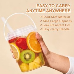 Drink Buckets with Lids and Straws, Reusable Clear Plastic Party 30 Sets 34 oz