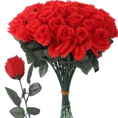50 PCS Artificial Red Roses, Fabric Faux Rose Bulk with Cloth Leaves and