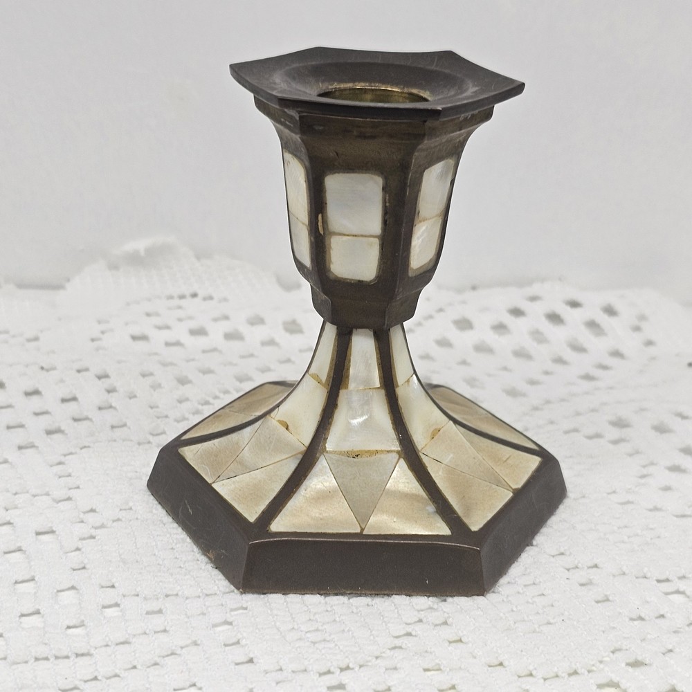 Vintage Brass & Mother of Pearl Inlay Candlestick Holder – Mid Century Boho