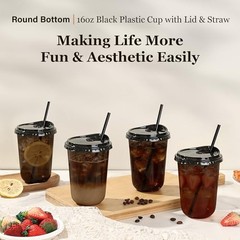 Set Clear Plastic Cups with Sip Lids & Straws, Disposable Round 16oz 100 Black