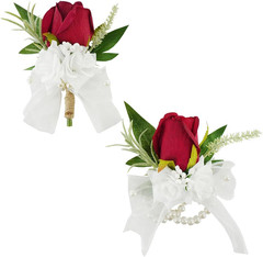 Burgundy Corsage and Boutonniere Set for Wedding Prom, Artificial Rose Flower Ho
