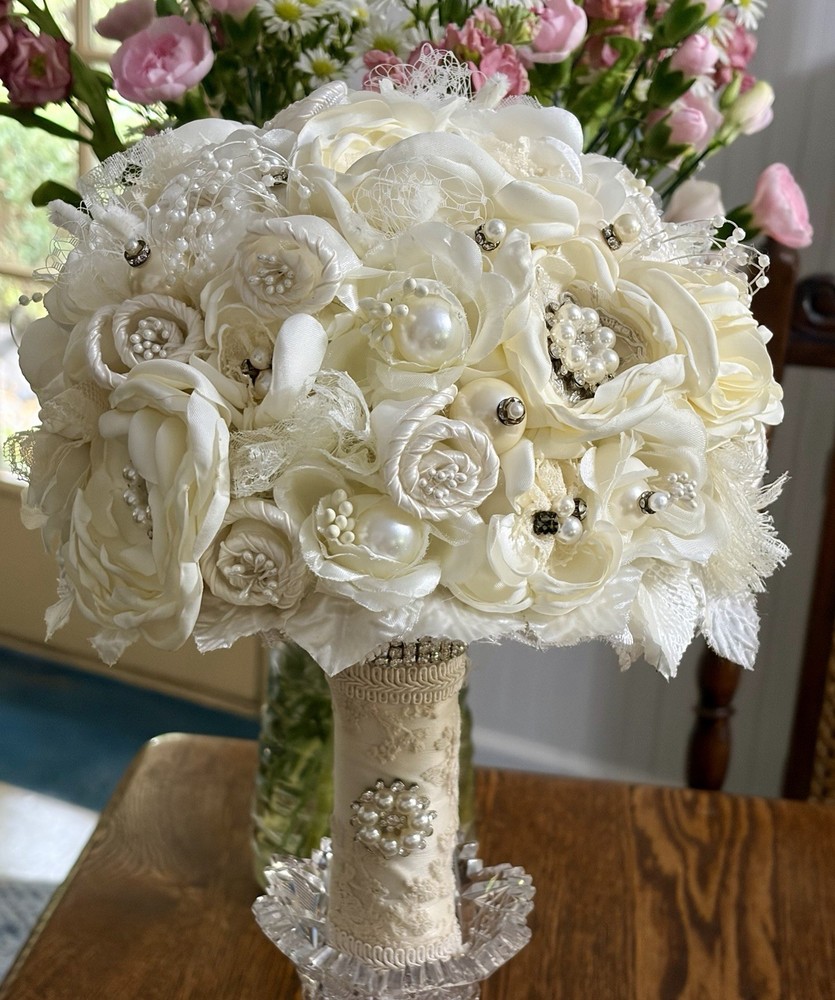 CLASSY Wedding Bouquet with Additional “Tossing”Bouquet~Pearls,Rhinestones,Lace