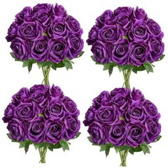 48 PCS Deep Purple Roses Artificial Flowers – Fake Silk Floral with Dark Purple