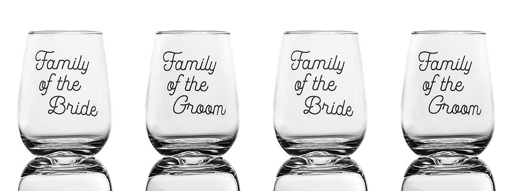 4-Pack Wedding Wine Glasses w/Decal “Family of the Bride” “Family of the Groom”